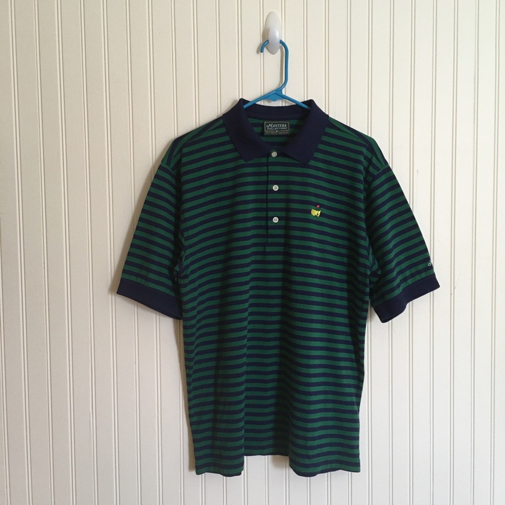 Masters Collection men's navy blue green stripe polo golf shirt size medium EUC